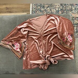 Lovestitch Blush Pink Velvet embroidered tie crop shirt